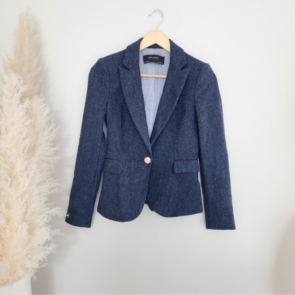 Zara Blue Lambswool Blazer with Elbow Patches